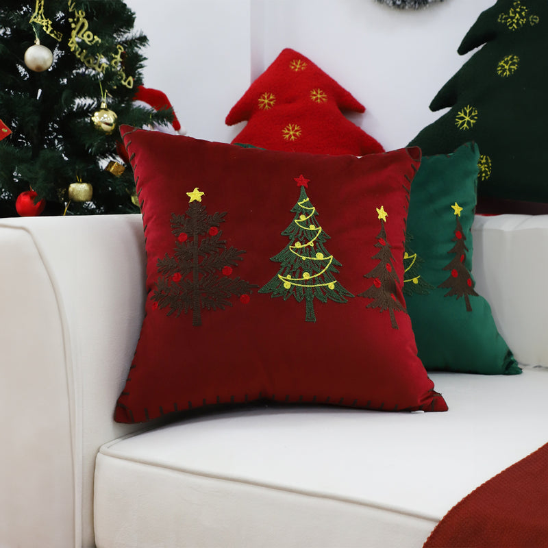 2X Burgundy Red Plush Square Throw Pillow 45cm Embroidered Christmas Trees
