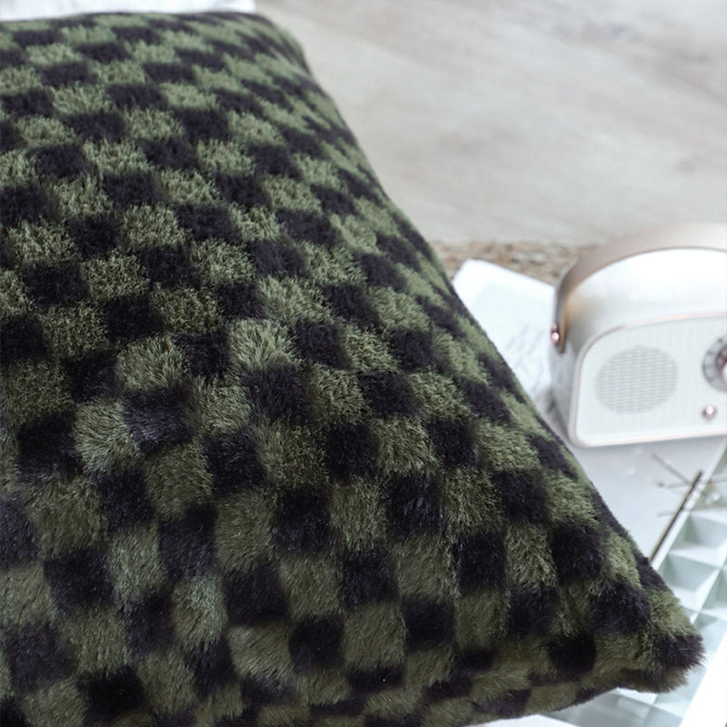 45cm Velvet Plush Square Throw Pillow 15cm Thick Dark Night Green Checkered