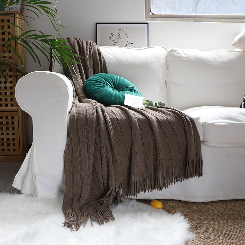 Textured Knitted Throw Blanket 100% Acrylic 130x170cm Coffee Tassels
