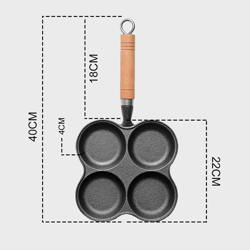 Cast Iron 4 Mold Breakfast Pan Nonstick 22cm for Omelet Pancake with Wood Handle