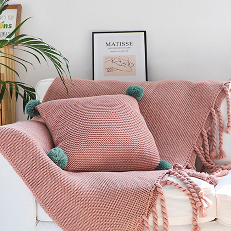 Pink 100% Acrylic Knitting Blanket 130x170cm Tassel Fringe Cozy Home Decor