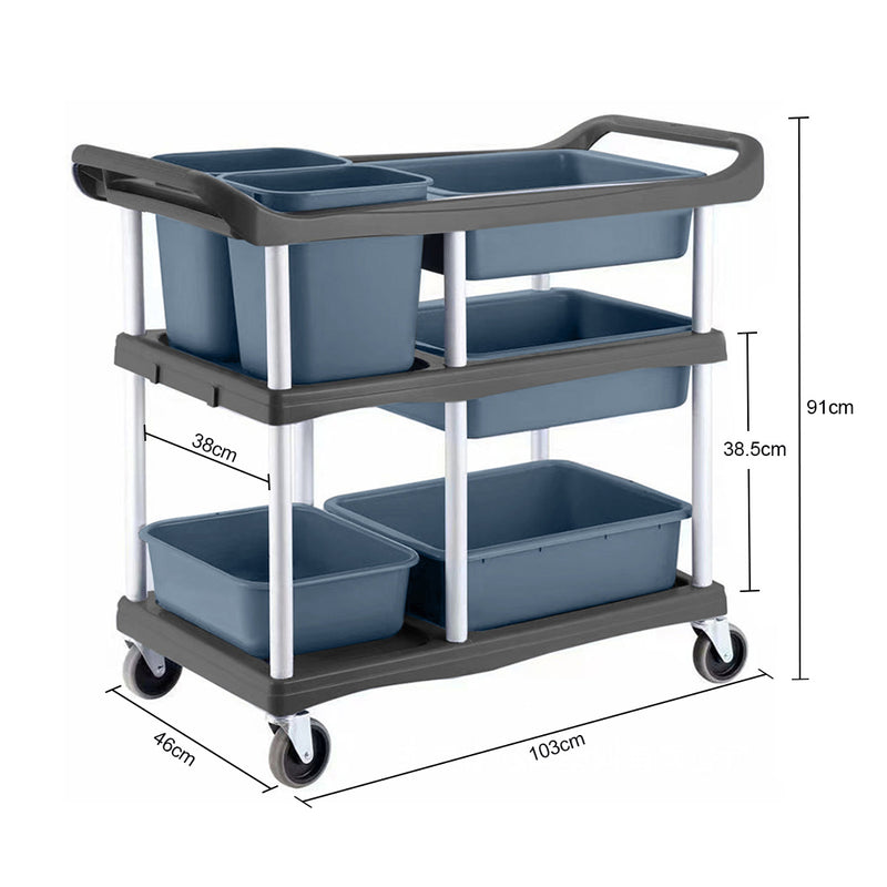 3 Tier Commercial Soiled Dish Cart Five Buckets Aluminum Steel Frame Blue Bins