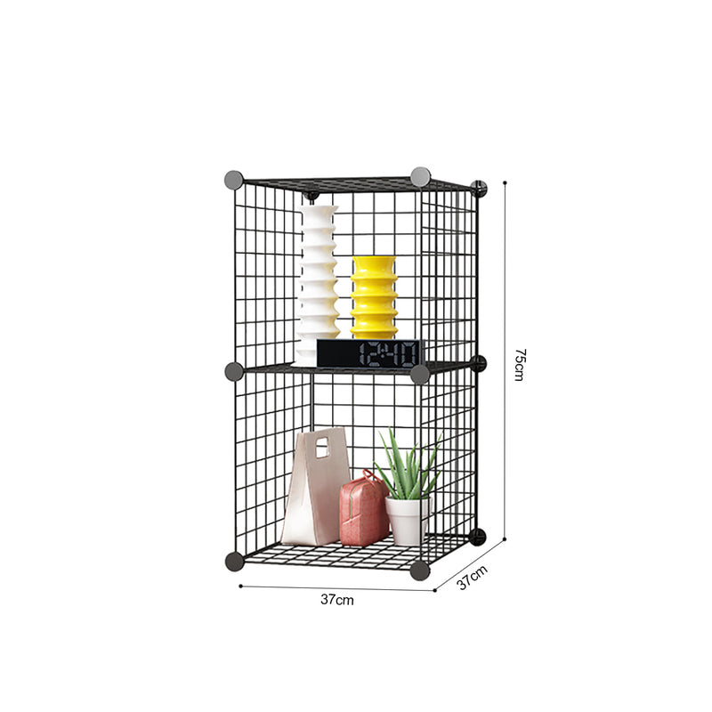 2X Black Portable 2 Tier Cube Storage Organizer Foldable Iron Mesh Shelf