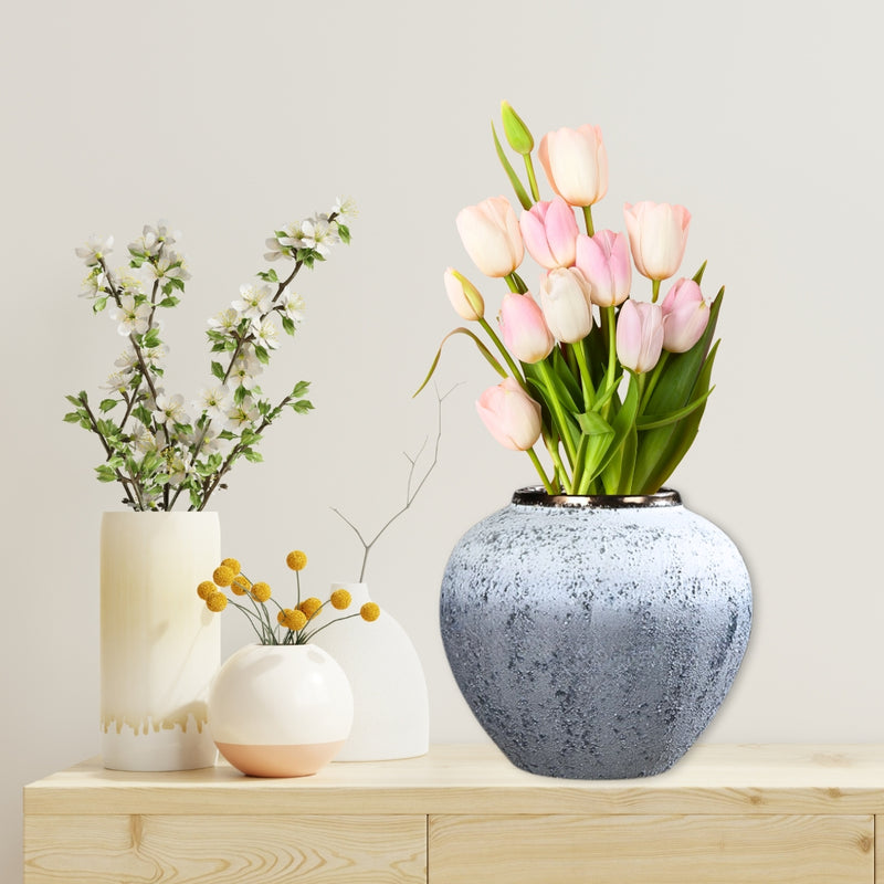 Small Ceramic Flower Vase White Grey Modern Elegant Home Decor 21x22cm