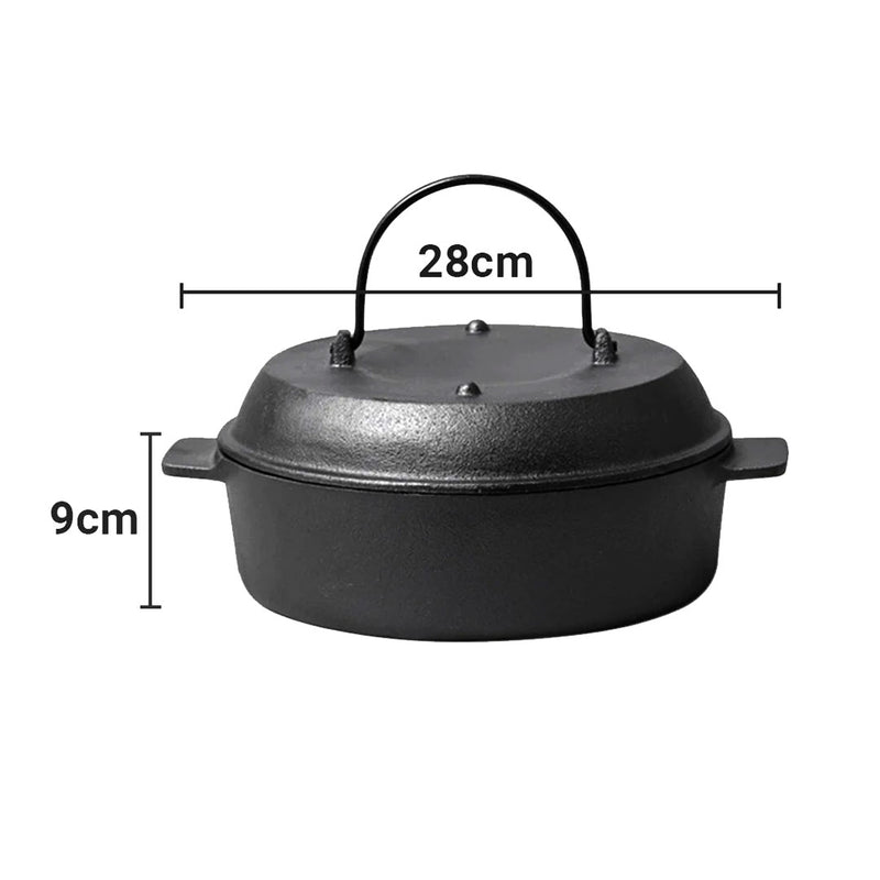 28cm Cast Iron Dutch Oven Pot Lid Pre-Seasoned Non-Stick Multipurpose Cooking