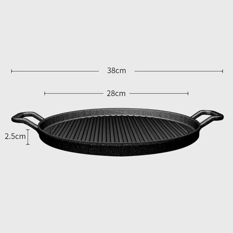 28cm Ribbed Cast Iron Frying Pan Skillet Non-Stick Sizzle Platter Black