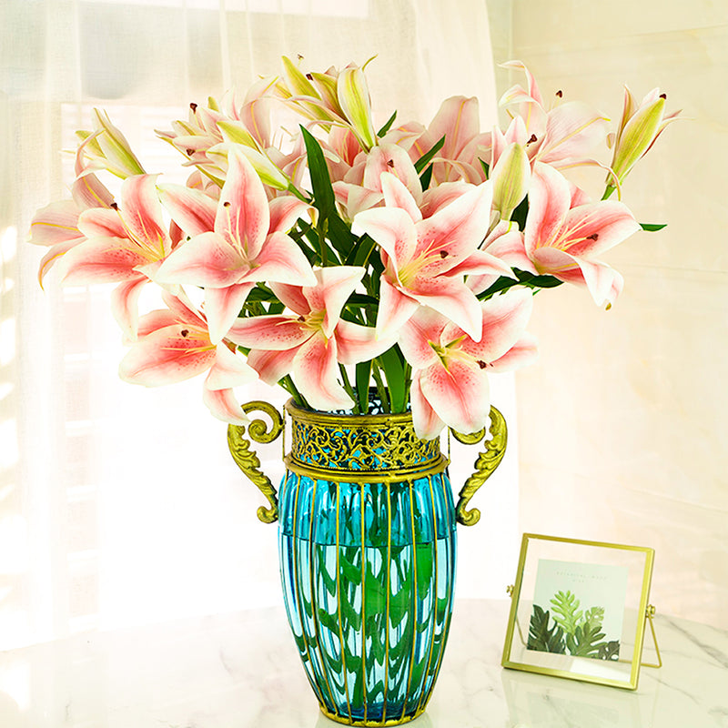 Blue Glass Flower Vase Two Gold Metal Handles 12x14x27cm European Decor