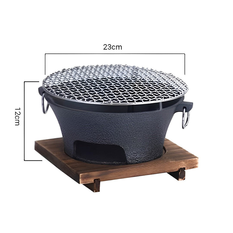 Medium Cast Iron Charcoal Stove 24cm Stainless Steel Net Wooden Board Black
