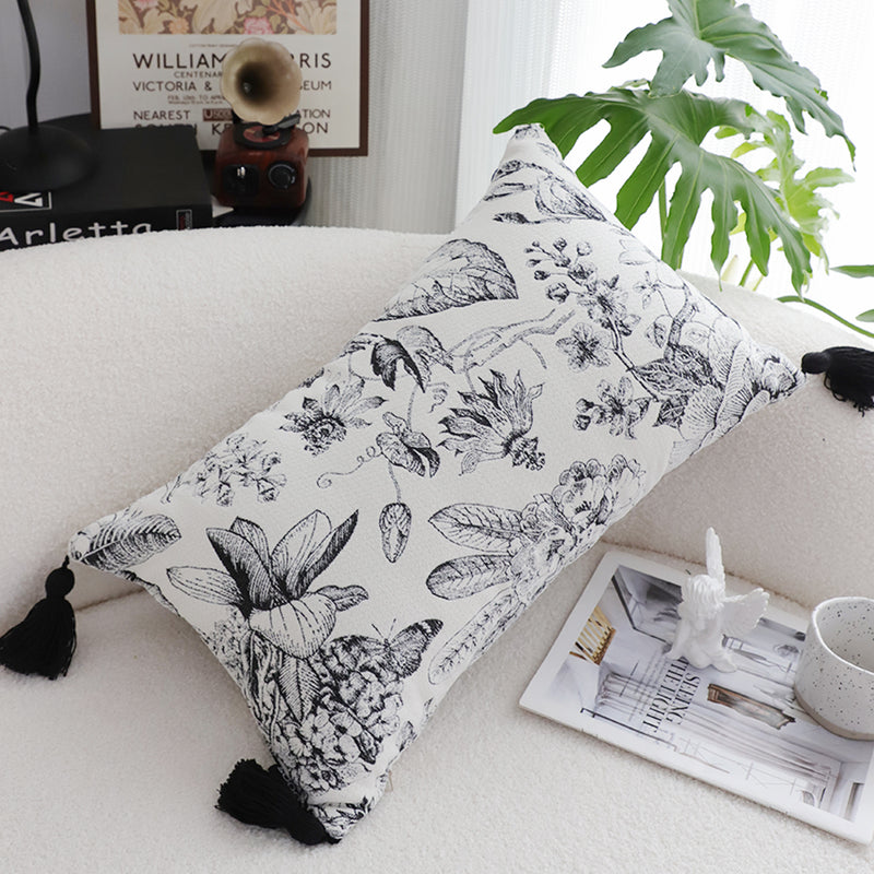 35cm Black White Floral Print Throw Pillow With Tassels Polyester Comfort Decor