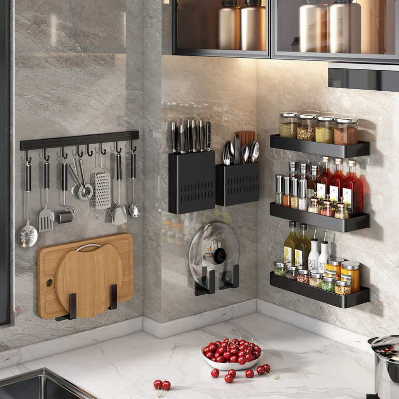 Wall Mounted Kitchen Utensil Rack Aluminum 41cm Space-Saving With Hooks Black