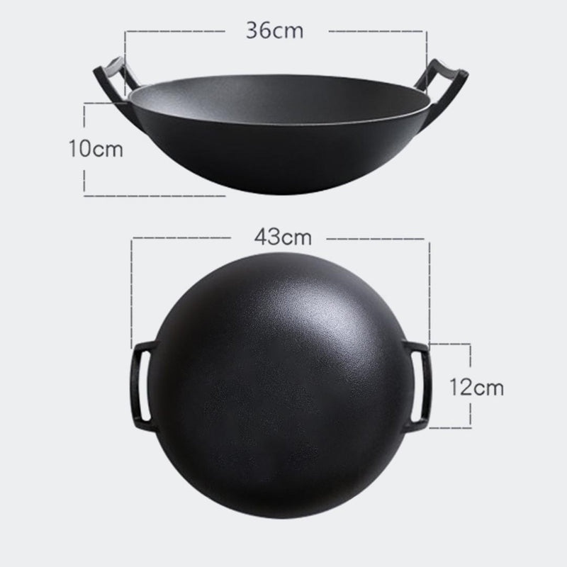 2X 36CM Cast Iron Wok Fry Pan With Wooden Lid Nonstick Black Long Handle