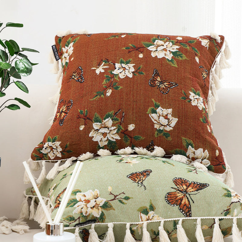 2X Velvet Throw Pillow Cushion 45x45cm 15cm Caramel Butterfly Flower Tassel