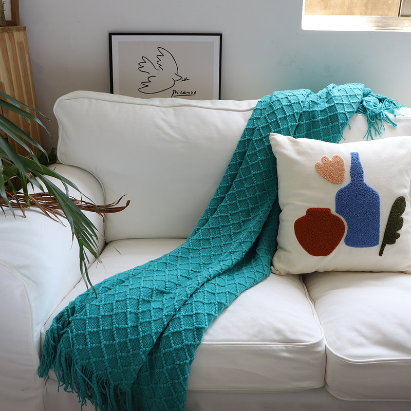 Teal Knitted Throw Blanket Diamond Pattern Tassels Cozy Home Decor 130x170cm