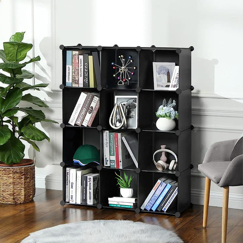 4 Tier 12 Cube Portable Wardrobe Plastic Iron Wire Modular Black 110x37x146cm