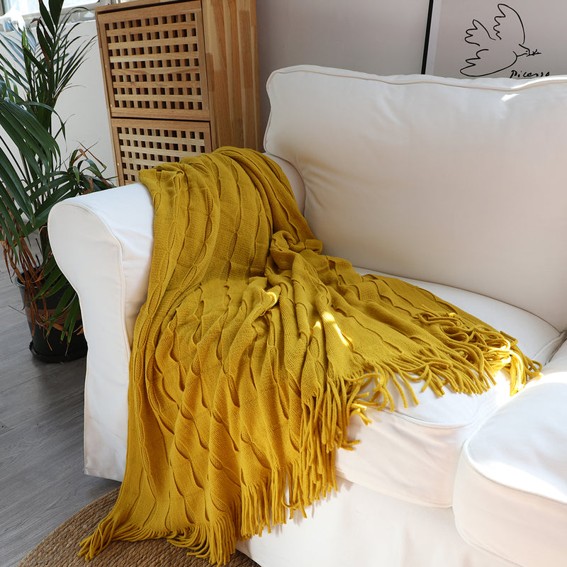 Mustard Knitted Throw Blanket Acrylic 130cmx170cm Textured Tassels Cozy