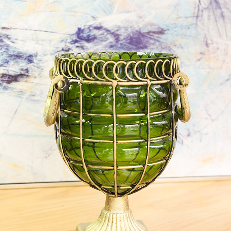 Green Glass Jar Flower Vase Solid Base Metal Handle 10x16x26cm Home Decor