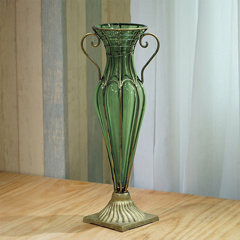 Green Glass Flower Vase 47cm Tall Solid Base Two Gold Metal Handles