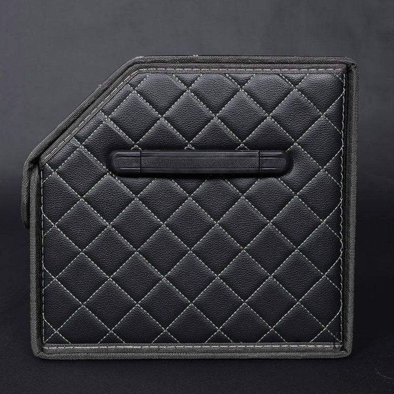 Leather Car Boot Organizer 38cmx31cmx29cm Collapsible Black White Stitch Lock