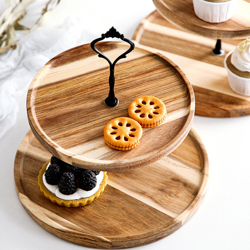2X 15cm 2 Tier Round Acacia Wood Dessert Stand Brown Metal Handle
