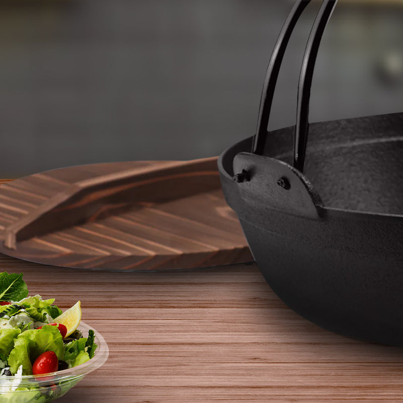 Cast Iron Sukiyaki Nabe Hot Pot 25cm Wooden Lid Nonstick Stovetop Black