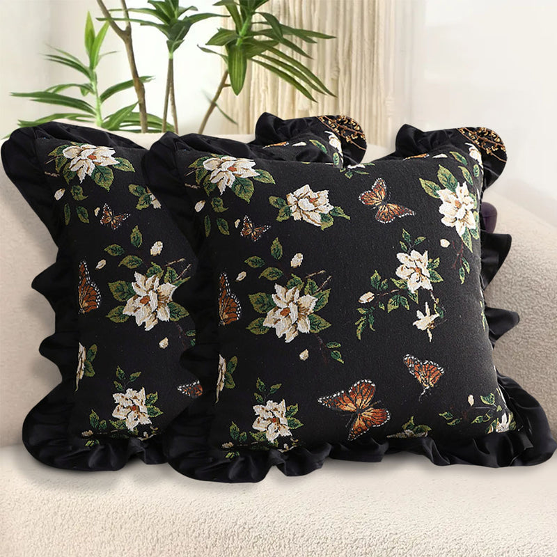 2X 45cm Square Plush Velvet Embroidered Butterfly Throw Pillow Black