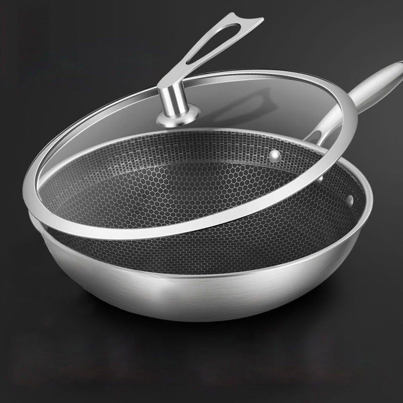 2X 32cm Stainless Steel Tri Ply Fry Pan Textured Non Stick Glass Lid