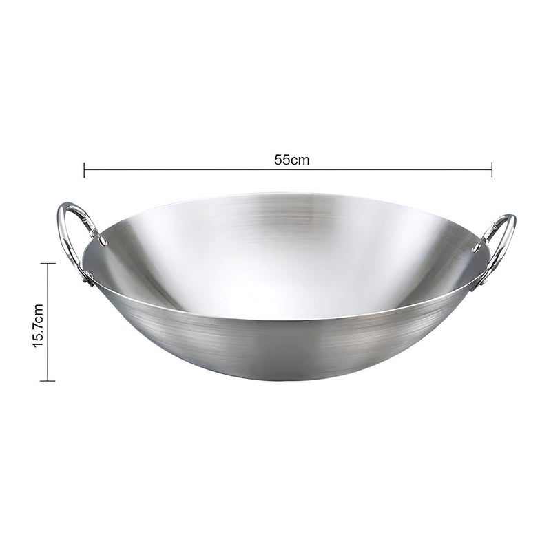 55cm Stainless Steel Wok 2 Handles Commercial Kitchen 15.7cm Deep