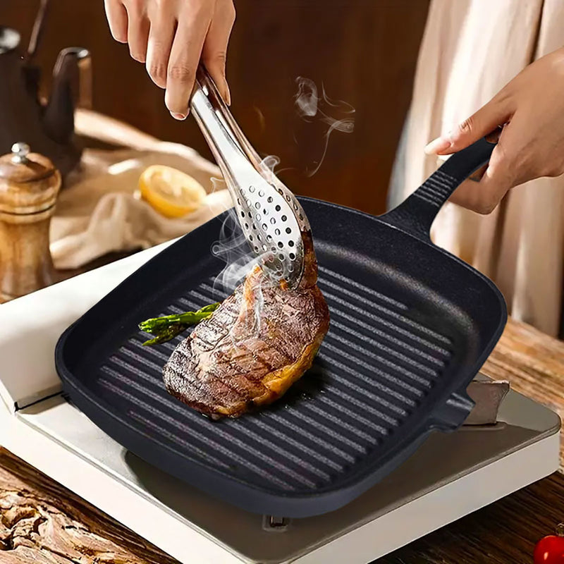 Square Ribbed Cast Iron Fry Pan Skillet 23.5cm Nonstick With Handle Black