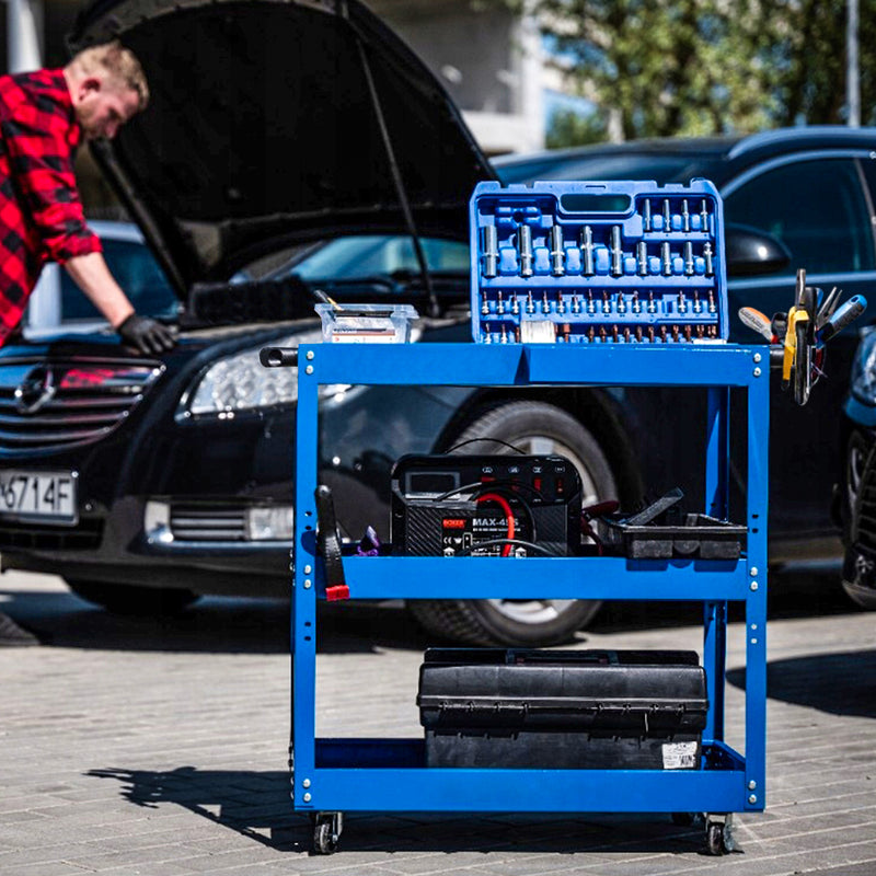 2X 3 Tier Tool Storage Cart Cold Rolled Steel 33kg Capacity Blue 66x36x73cm