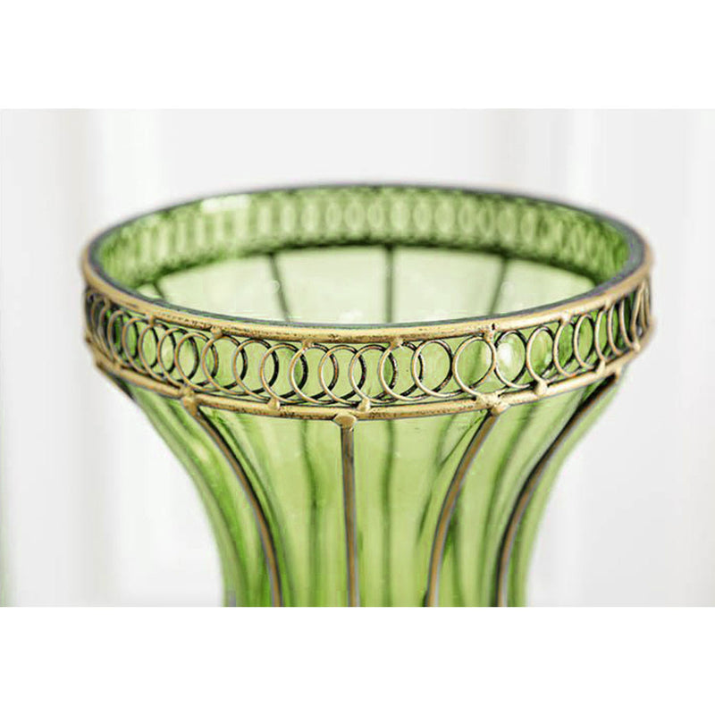 67cm Green Glass Floor Vase Gold Metal Accent With 10pcs White Silk Flowers