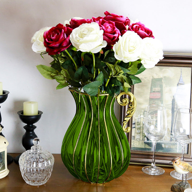 Green Glass Flower Vase 16cm x 29cm Gold Metal Handle Home Decor