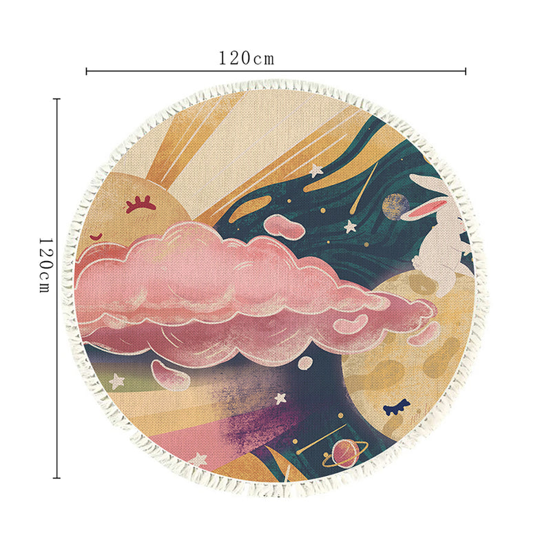 120cm Round Tassels Area Rug Polyester Multicolor Sky Landscape Clouds Non Slip