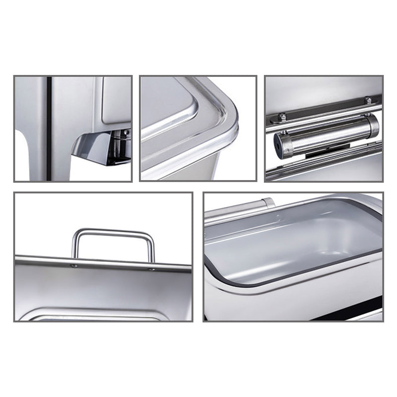 2X 9L Rectangular Stainless Steel Roll Top Chafing Dish With Glass Window Lid