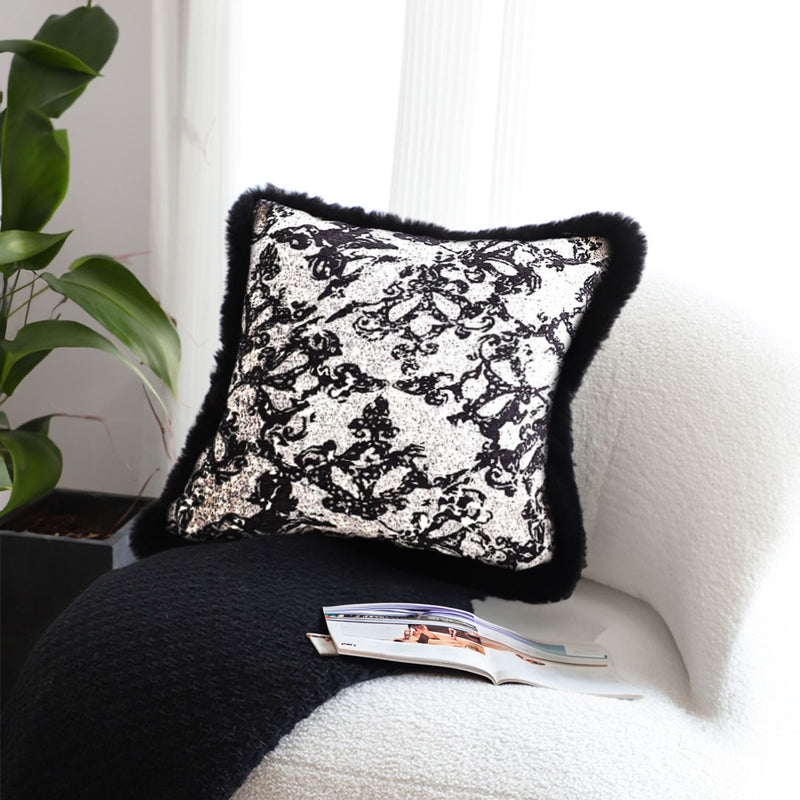 Velvet Throw Pillow 45cm Square Vintage Black Herringbone 15cm Thick