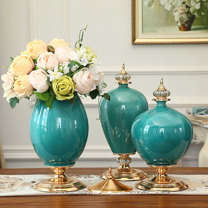 Ceramic Oval Flower Vase Gold Metal Base 42.5cm Dark Blue Home Decor
