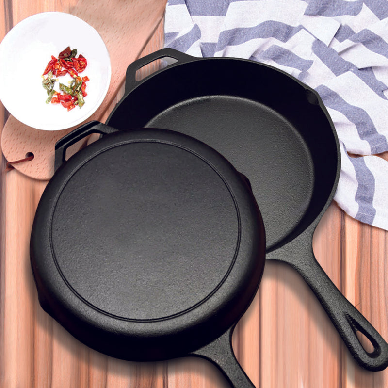 2X 30cm Round Cast Iron Skillet Preseasoned 5cm Deep Induction Ready