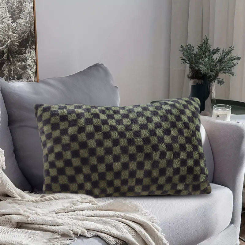 2X Dark Green Velvet Checkered Lumbar Throw Pillow 30x50cm Plush Cushion