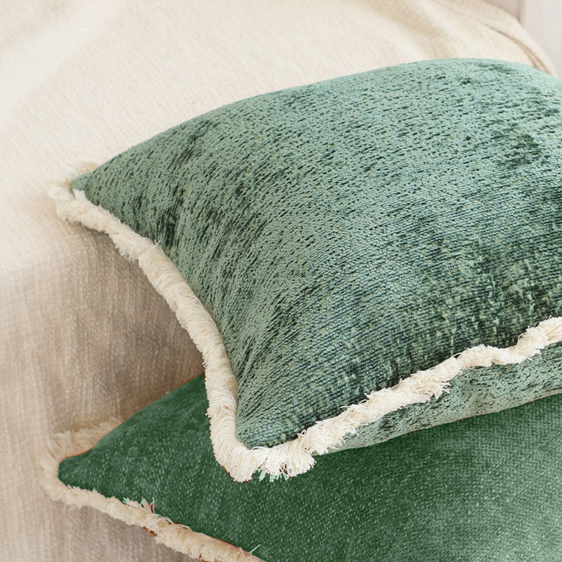 Throw Pillow 45x45cm Velvet Chenille Tassel Jade Green Plush