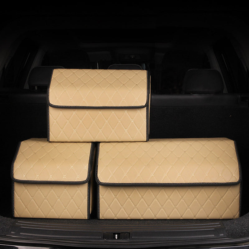 Leather Car Boot Organizer Box Medium Collapsible Foldable Beige Gold Stitch