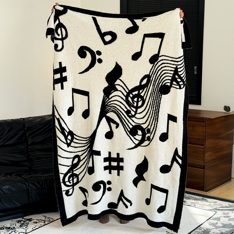 2X 130x160cm Polyester Half Fleece Throw Blanket Black And White Musical Note