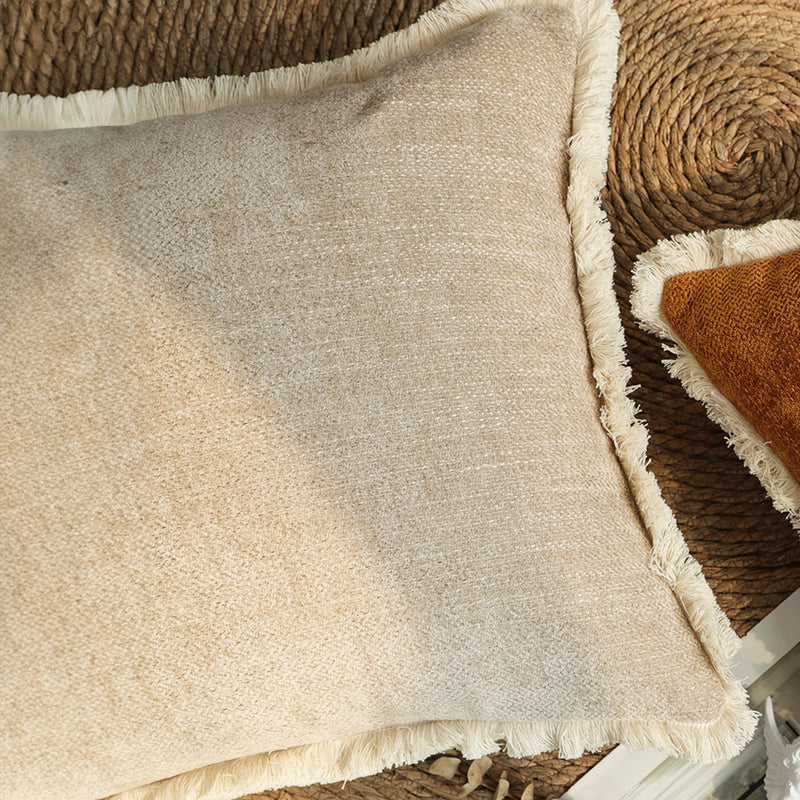 2X 45cm Plush Velvet Chenille Tassel Square Throw Pillow Milk Coffee