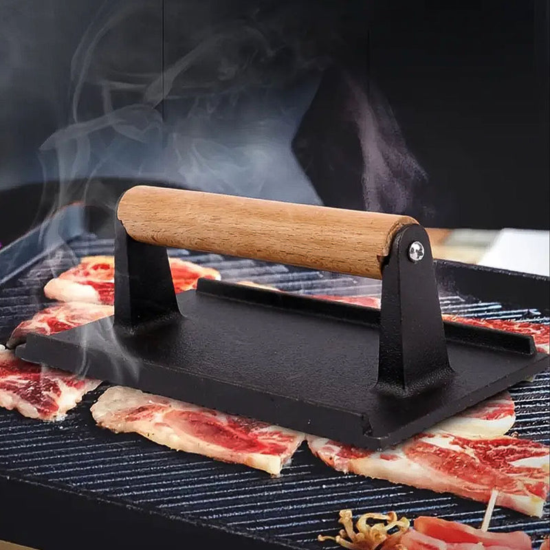 Cast Iron Meat Bacon Steak Press Grill BBQ Wood Handle Non-Stick 20cm 0.9kg
