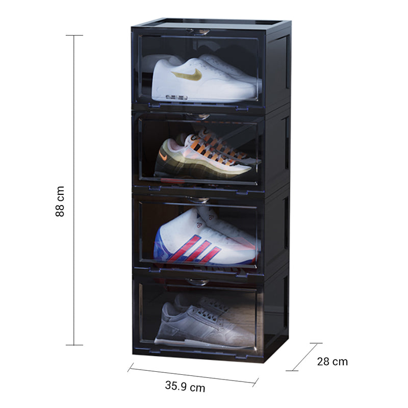 2X 4 Tier Shoe Organizer Black Plastic Stackable Storage Box with Magnetic Door