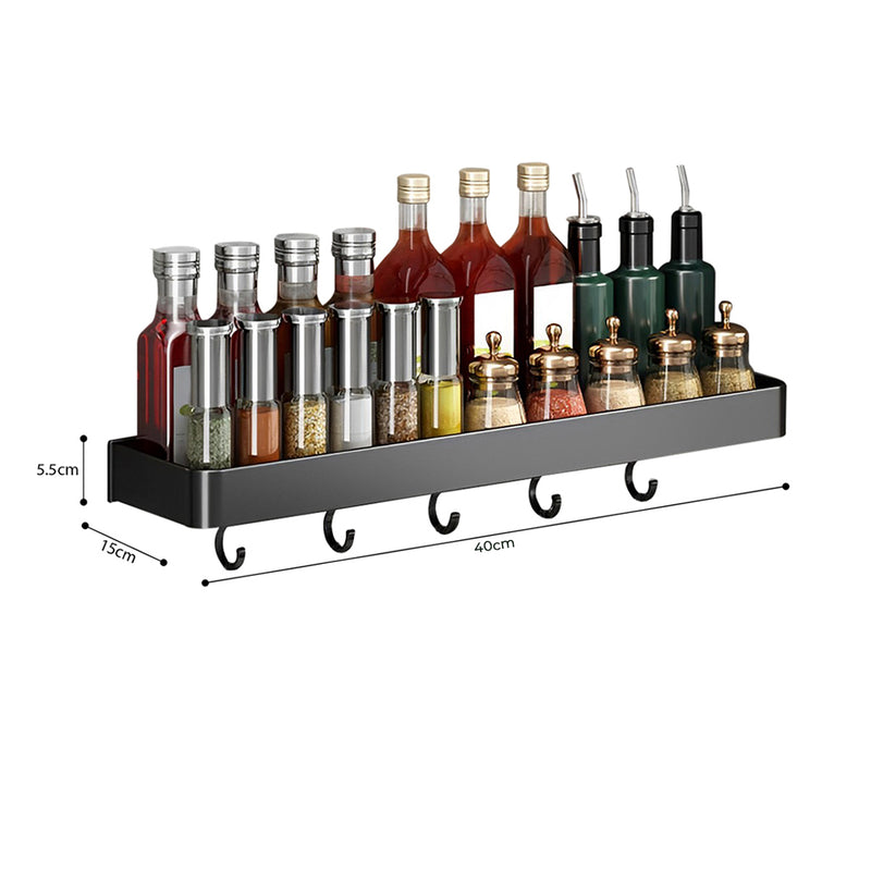 40cm Black Aluminum Wall Mounted Kitchen Spice Rack With Hooks Space Saving