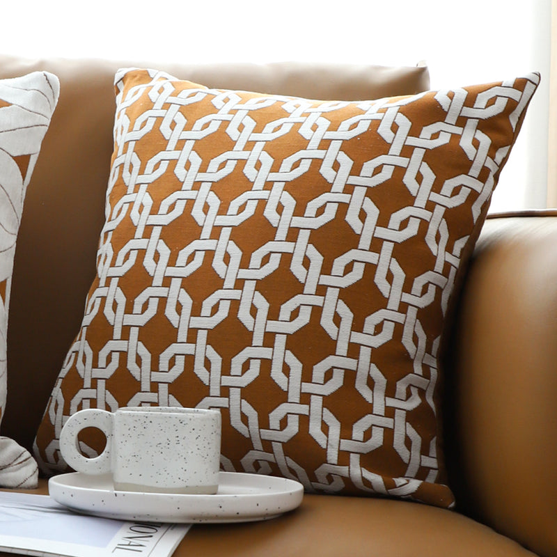 Brown Checkered Chain Jacquard Square Throw Pillow Polyester Cotton 50x50cm