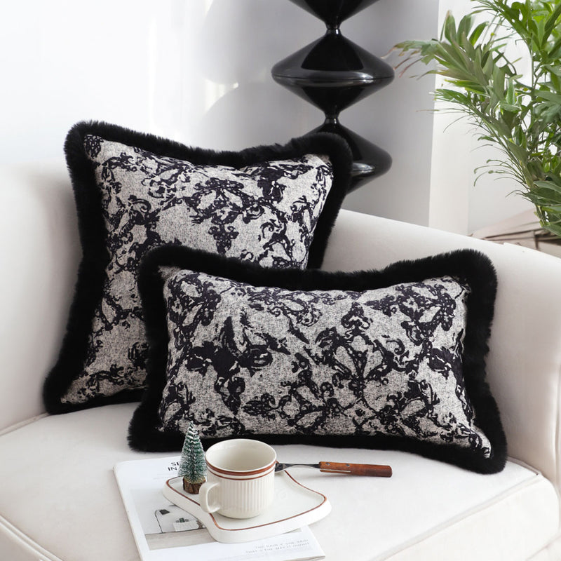 2X 35cm Velvet Lumbar Throw Pillowcase Set Black Herringbone Pattern Plush Feel