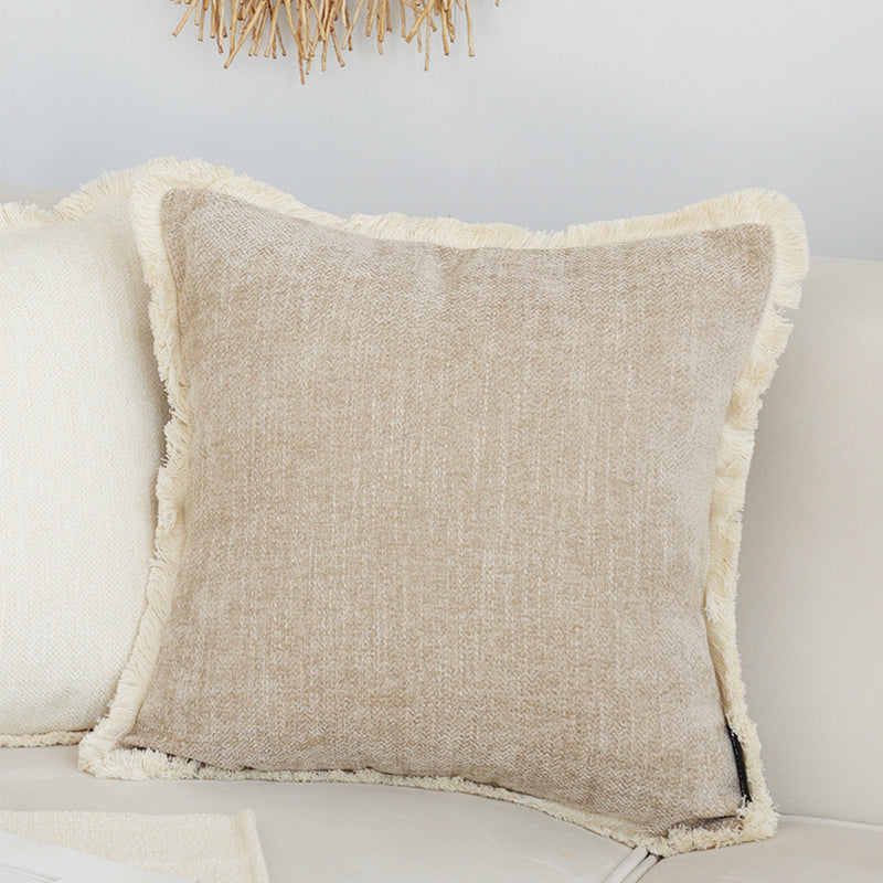 Throw Pillow Chenille Polyester 45x45x14Cm Square Thick Tassels Latte