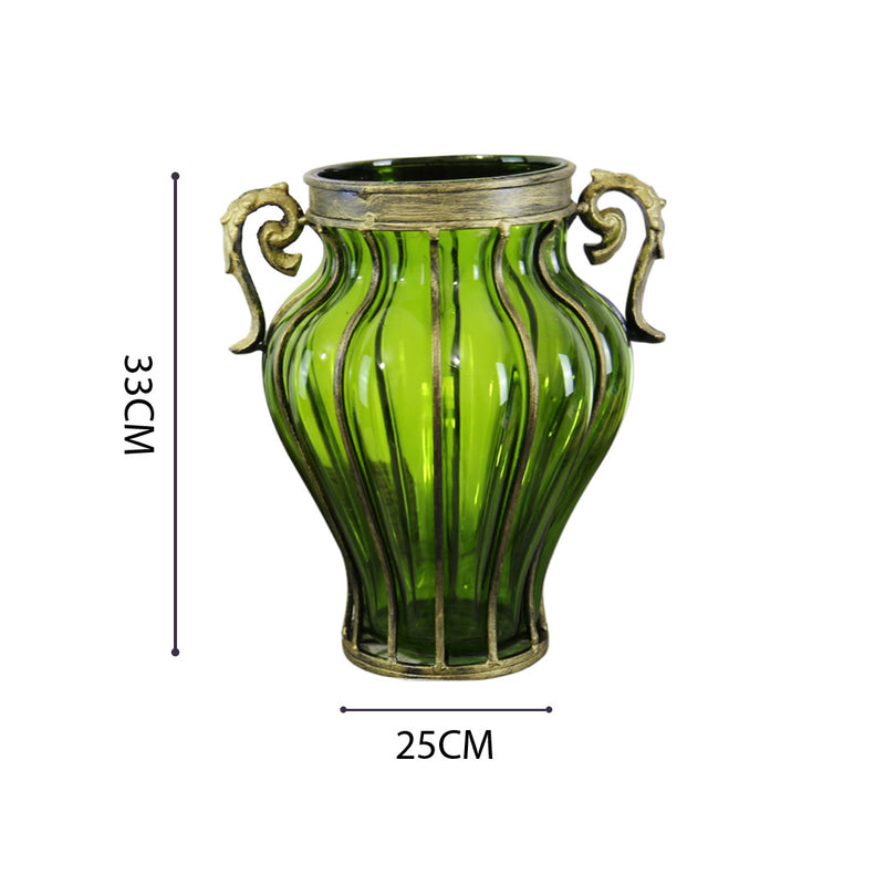 Green Glass Flower Vase European Style With Two Gold Metal Handles 25cm X 33cm