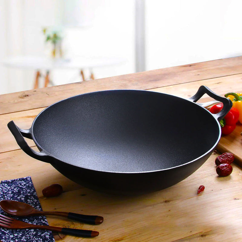 2X Cast Iron Wok Fry Pan 31cm Double Handle Non Stick Black