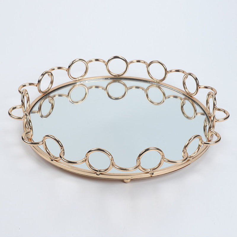 33cm Bronze Round Vanity Tray Glass Mirror Metal Wireframe Handles